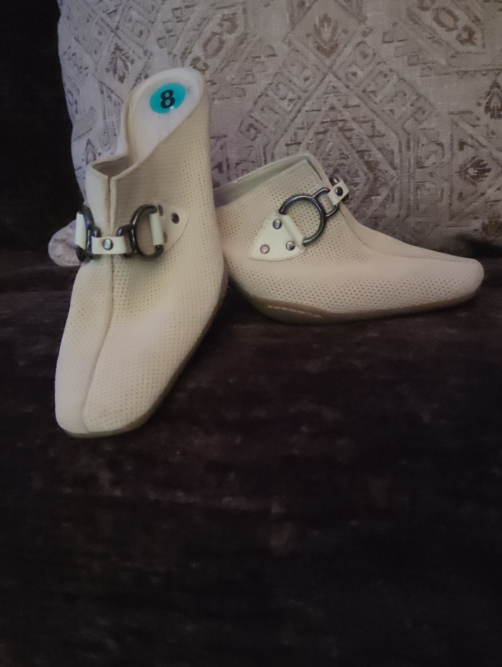 AEROSOLES Cream Perforated Slip-On Mules with Buckle Accent